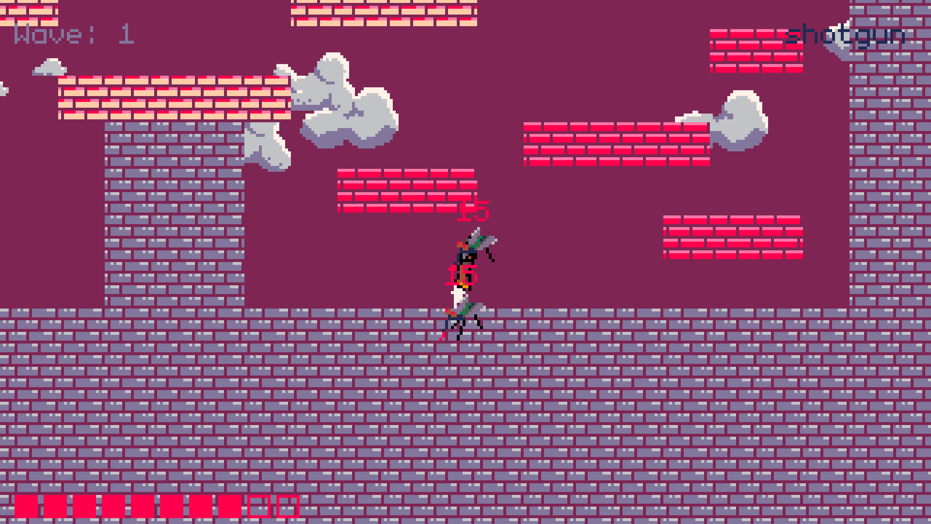 Bug Bounty combat with flying insects and red damage numbers among pink brick platforms.