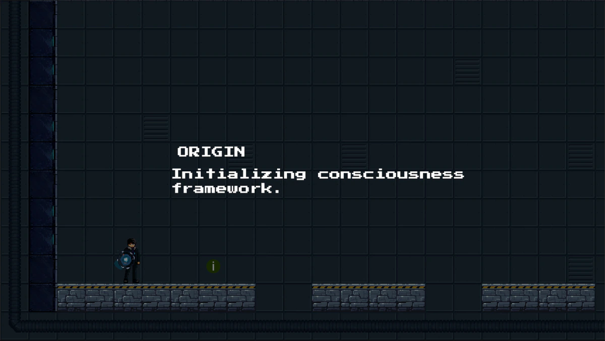 Vincit Amor opening laboratory scene with Arin and a blue orb as ORIGIN initializes its consciousness framework.