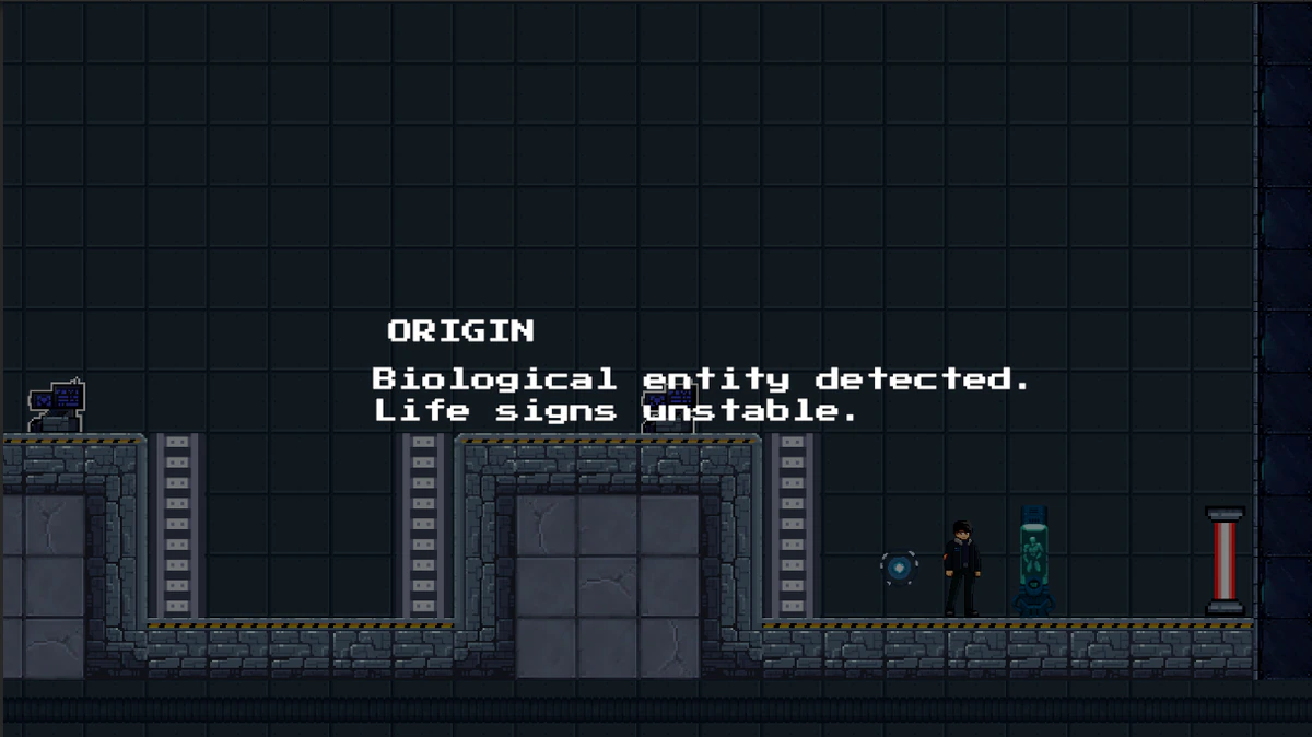 Vincit Amor laboratory scene where ORIGIN detects a biological entity with unstable life signs beside Arin.
