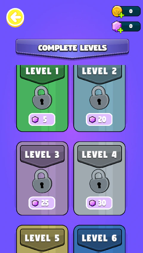 Vibe Hit level selection showing padlocked level cards and gem costs on a purple background.