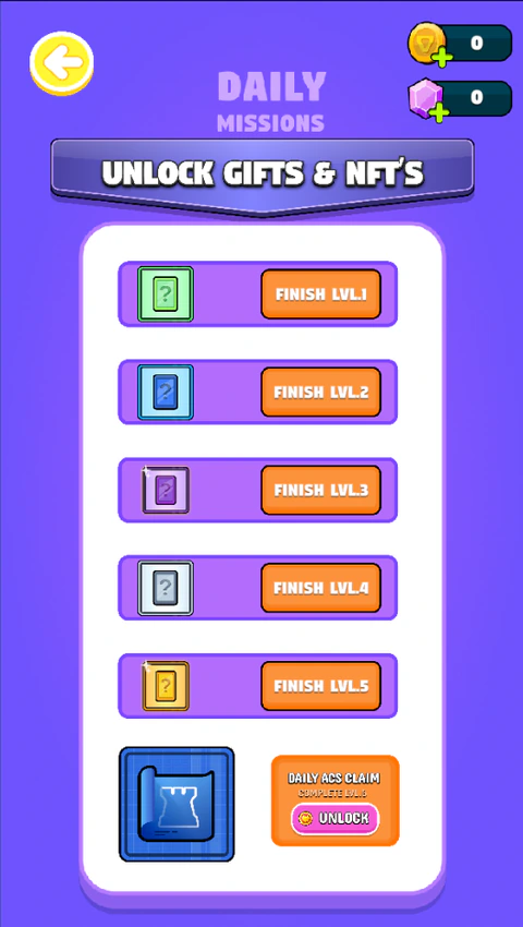 Vibe Hit daily missions screen with rewards for finishing levels and an Unlock Gifts & NFTs banner.