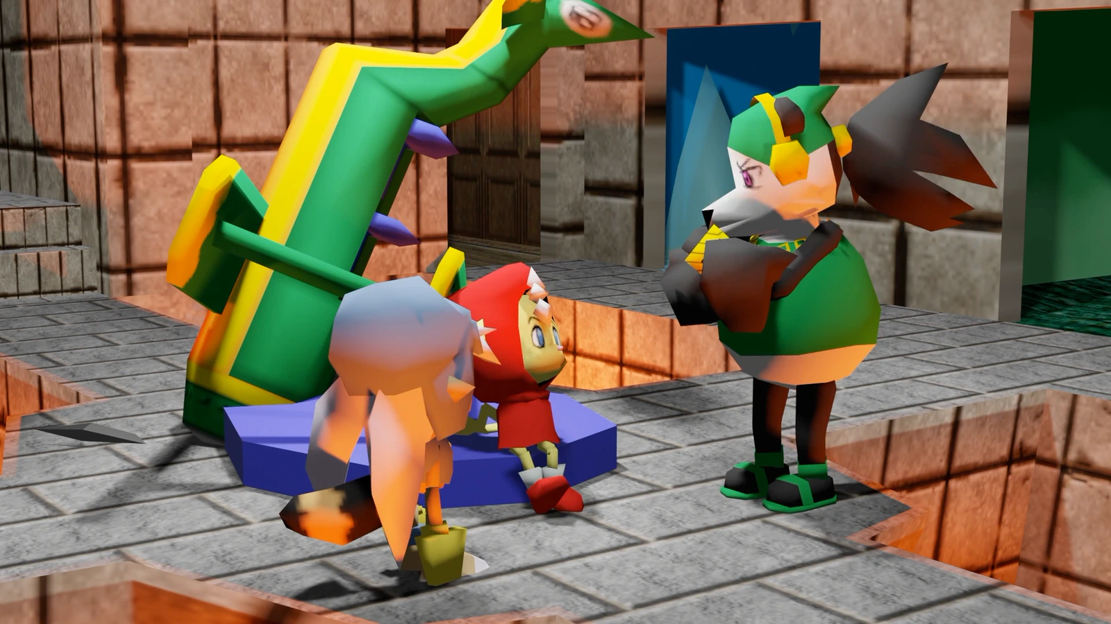 Three characters gather beside a green propeller aircraft on stone walkways in a courtyard.