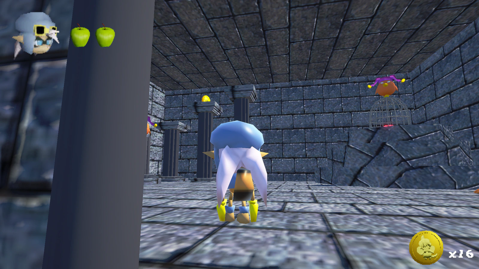 The character explores a stone dungeon with columns, gold coins, a cage, and floating purple enemies.