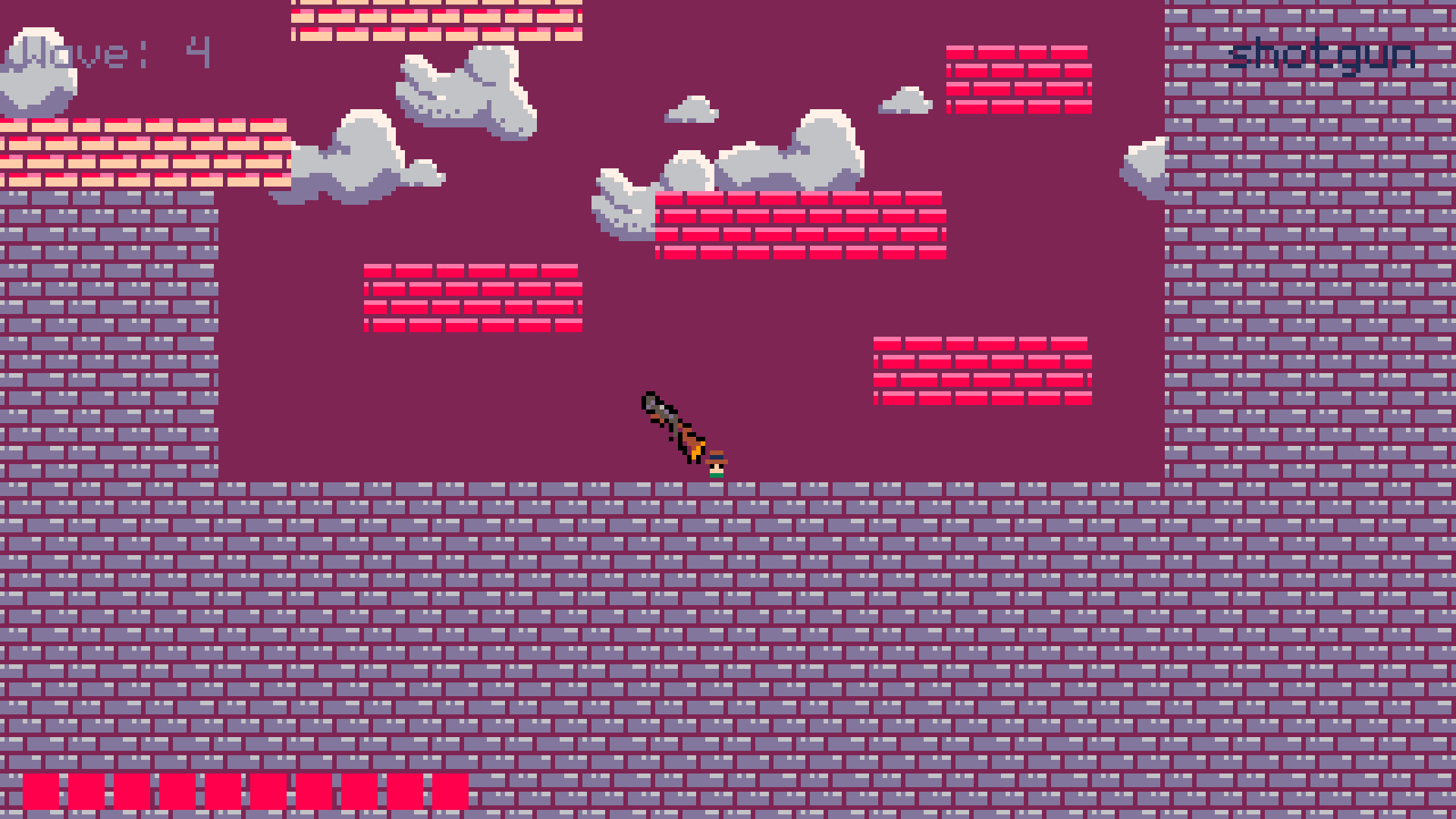 Bug Bounty wave four with a shotgun near the arena floor beneath staggered pink brick platforms.