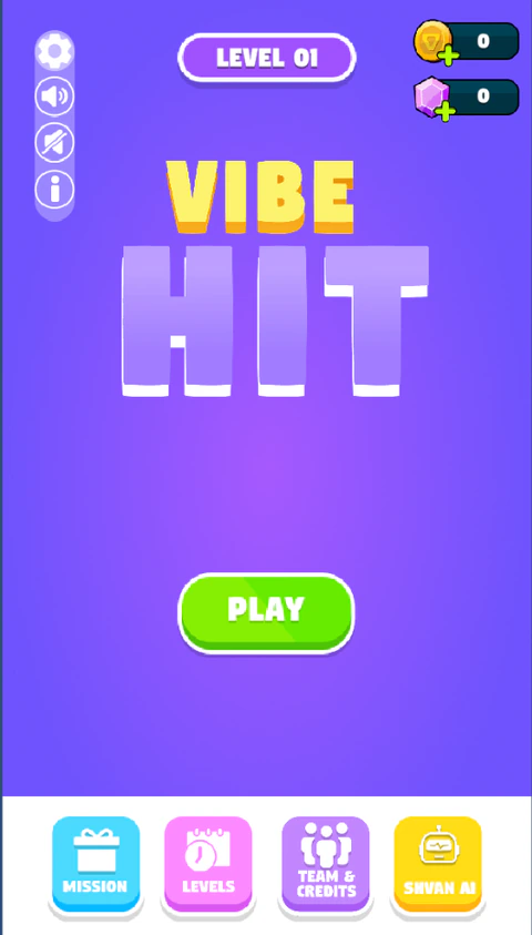 Vibe Hit main menu with a purple background, a green Play button, and mission, level, and team navigation.