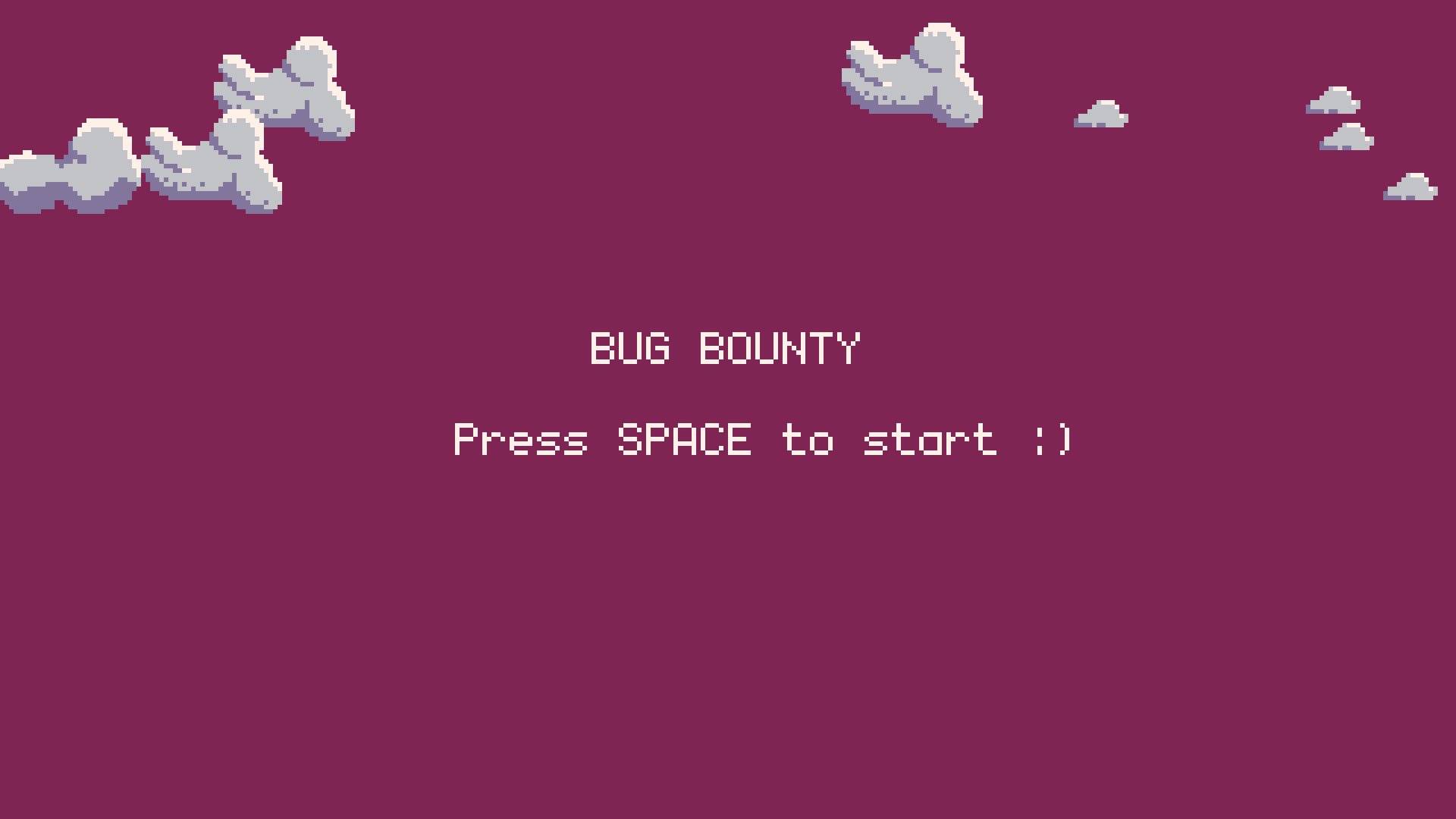 Bug Bounty title screen with pixel clouds on a purple background and a prompt to press Space to start.